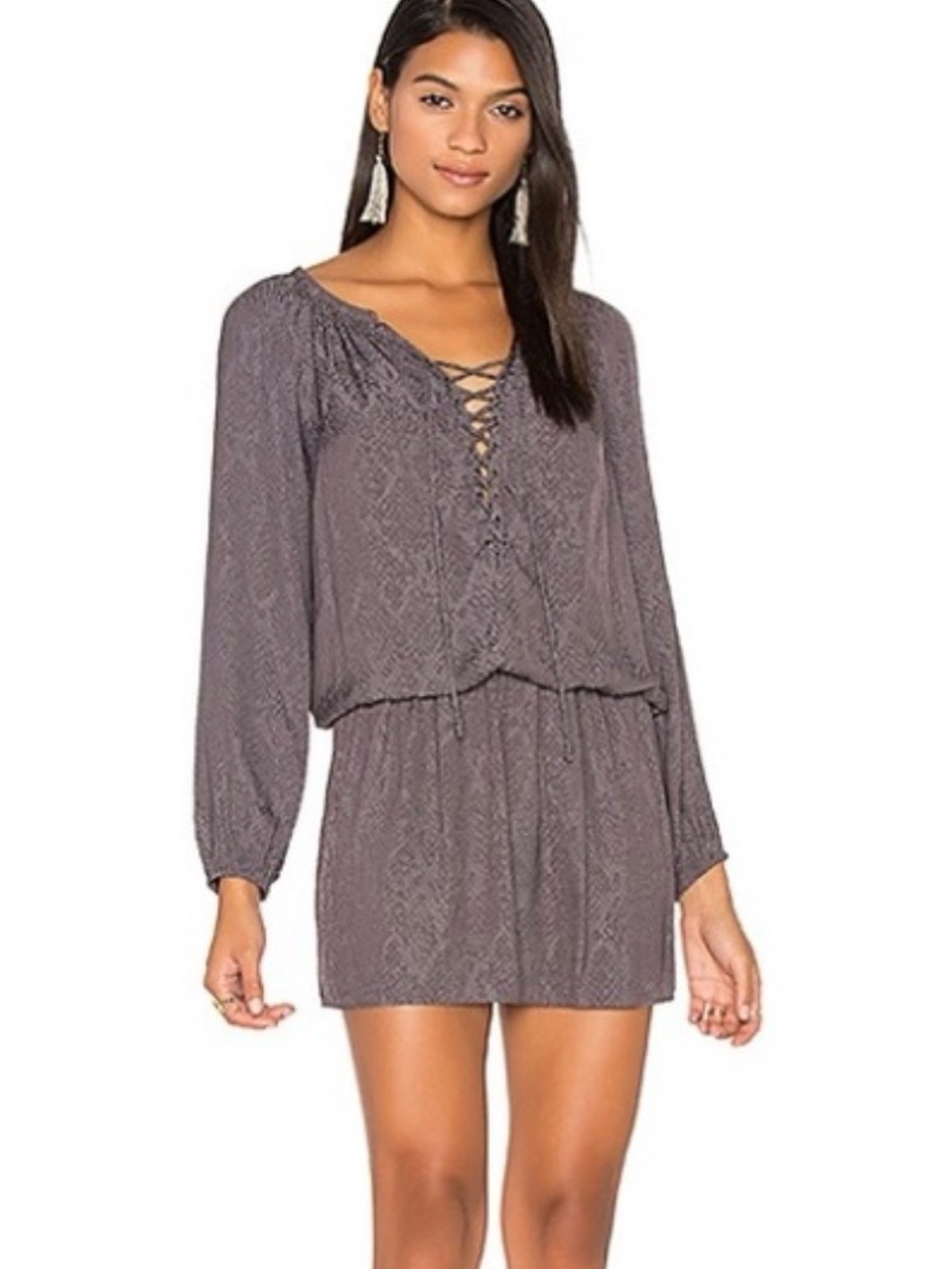 Ramy Brook Alexandra Gunmetal Snake Jacquard Lace-Up Blouson Mini Dress